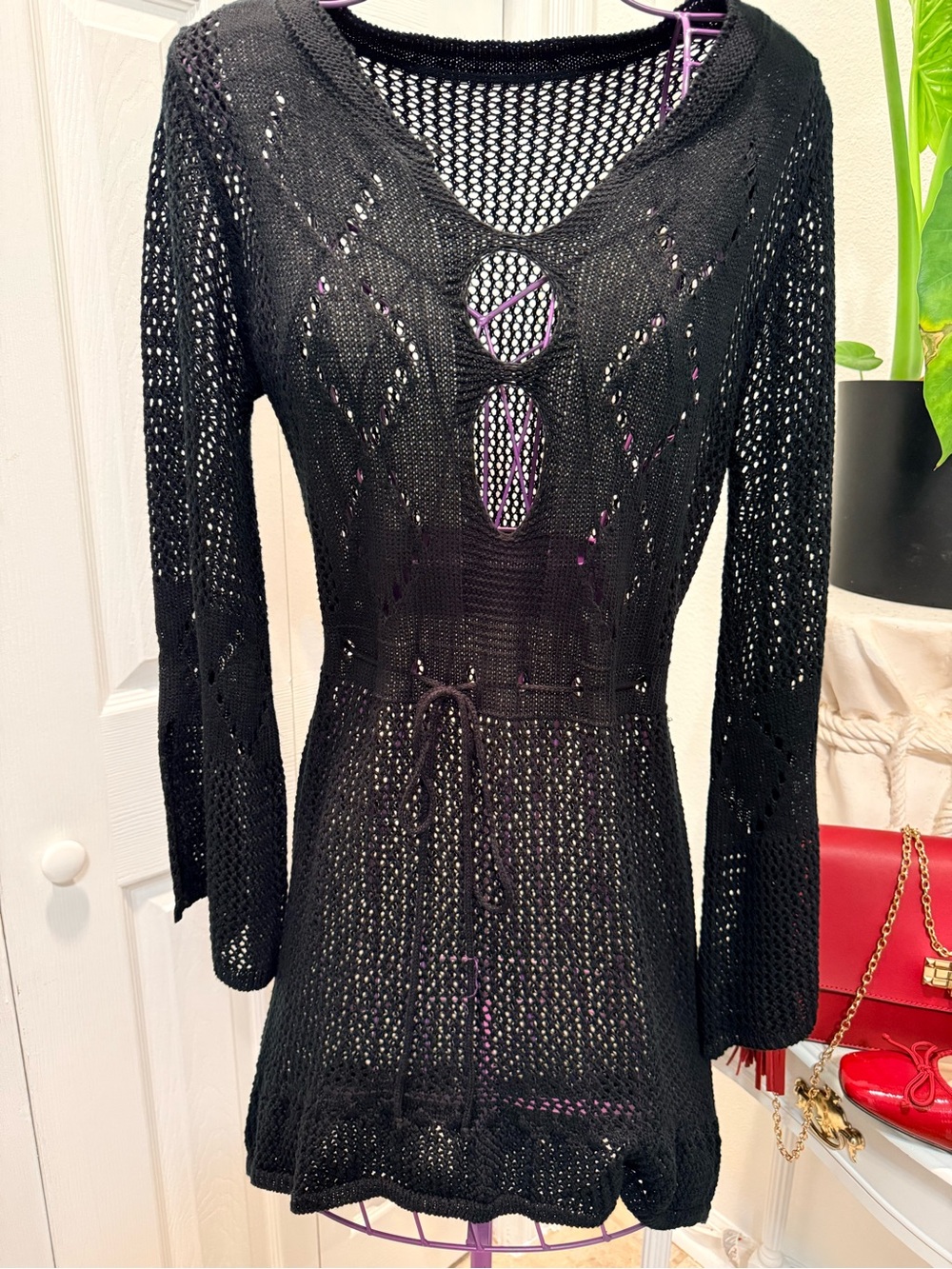 Black Mini Knit Dress with Drawstring Waist